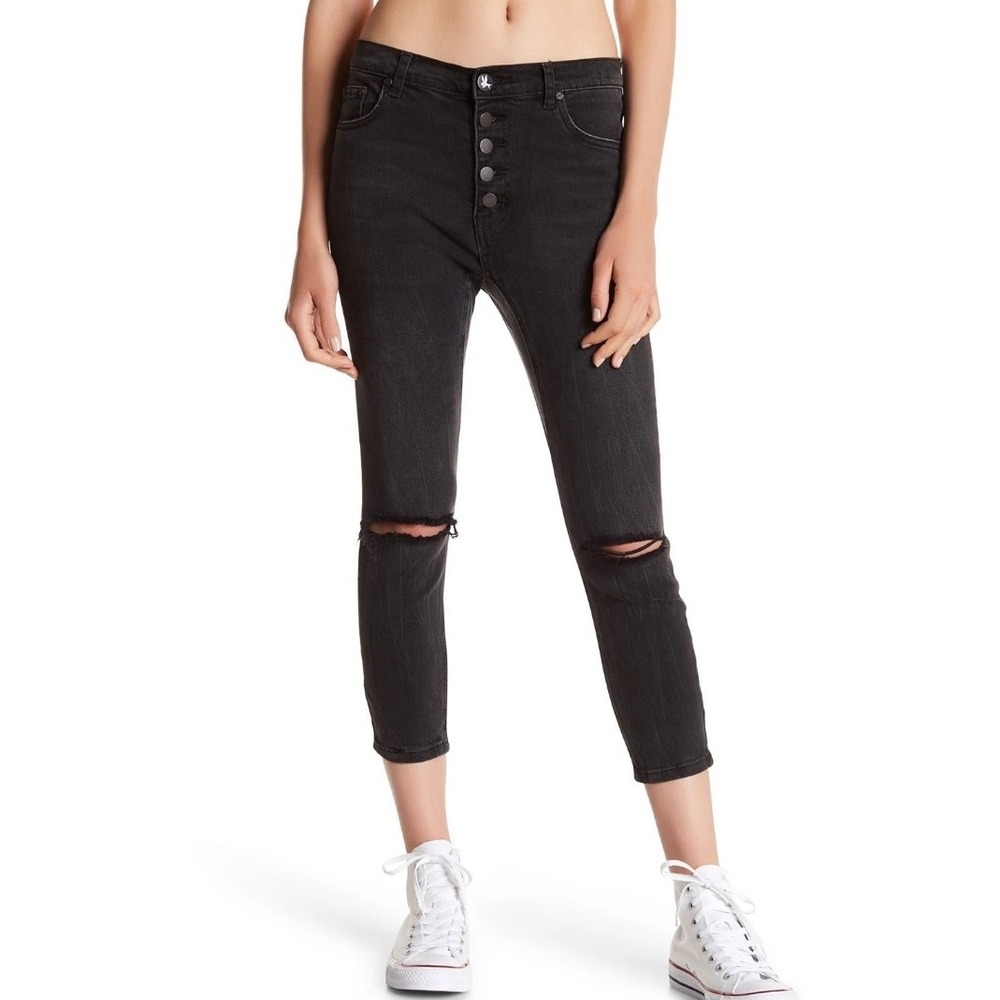 One Teaspoon Long Lovers Black Skinny Jeans Drop Crotch Distressed Button Fly 28